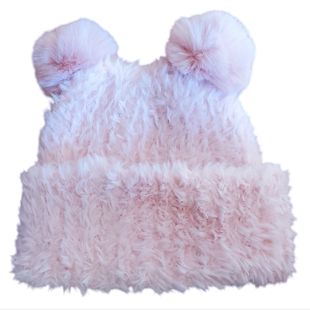 Hand knit pink faux fur two pom hat. Dusty Pink